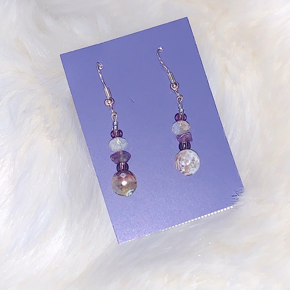 New Handmade Beaded Earrings Amethyst Natural Healing Gemstones, Hypoallergenic - Picture 6 of 16